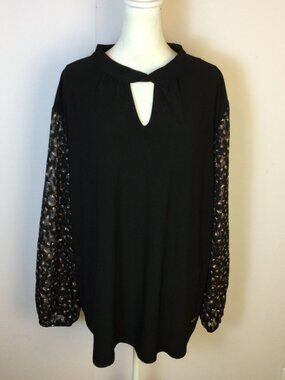 Anne Klein Blouse Top Size 2X Womans Plus Black Sheer Animal Sleeve Keyhole Neck